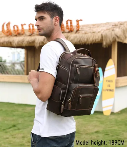 Vista 7 de Lannsyne Mochila vintage de cuero de grano completo para hombre de 15.6 pulgadas, mochila para laptop de camping y viajes, mochila de 24 L, Marrón