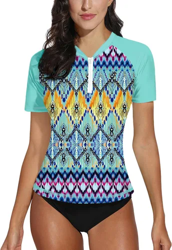 Vista 29 de BesserBay Camiseta de natación de manga corta con cremallera UPF 50+ para mujer, de secado rápido