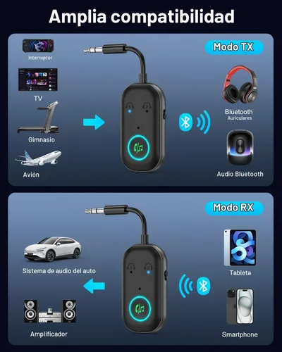 Vista 5 de Bomivoi Receptor transmisor Bluetooth 5.3, adaptador Bluetooth de avión para 2 auriculares, adaptador de audio inalámbrico para automóvil, llamada