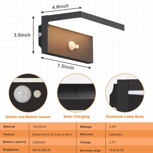 Vista 8 de Lustrlach Luces solares de pared con sensor de movimiento para exteriores, impermeables, LED, aplique de pared solar, negro, del anochecer al