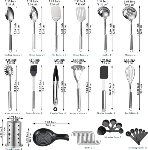 Vista 2 de Juego de utensilios de cocina, 39 piezas de acero inoxidable, espátula de cuchara con soporte de utensilios de acero inoxidable resistente, apto