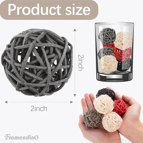 Vista 2 de Framendino, Paquete de 24 bolas de mimbre de 2 pulgadas para decoración de mesa del hogar, negro, gris, rojo, blanco