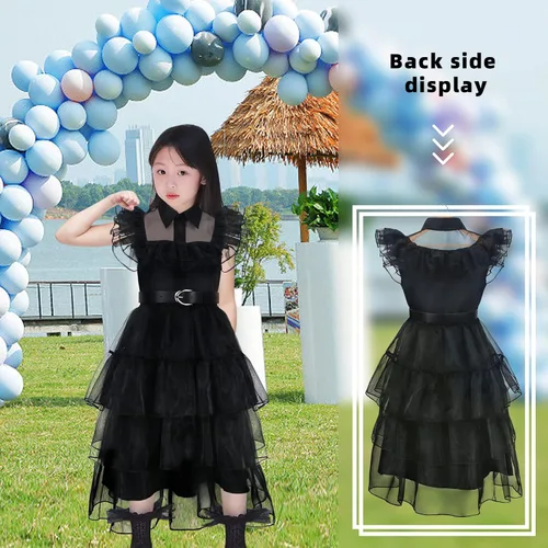 Vista 5 de Wednesday Addams - Disfraz para niñas con cinturón, vestido de miércoles para niños, cosplay, Halloween, cumpleaños, fiesta familiar, 4-14 años