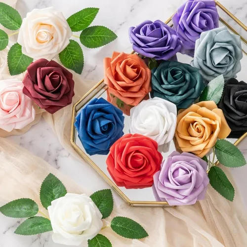Vista 7 de Aegero Flores artificiales, 25 rosas falsas de espuma con tallos para ramos de boda, centros de mesa de despedida de soltera, arreglos, mesas