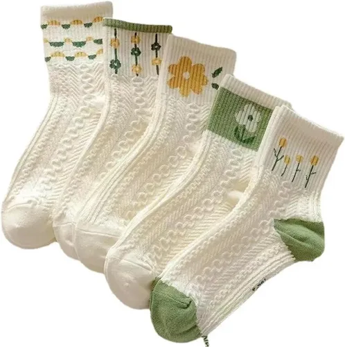Vista 4 de TRENIS 5Pairsset Women Mid Tube Socks Winter High Tube Socks Print Women Socks Vintage Socks Street Socks