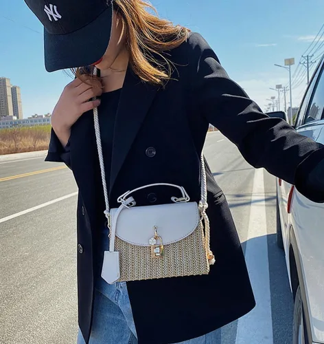Vista 3 de Bolso cuadrado de paja para mujer, bolsos de playa de ratán para mujer, bolso cruzado de paja de verano, bolso de mano, bolso de hombro 2024