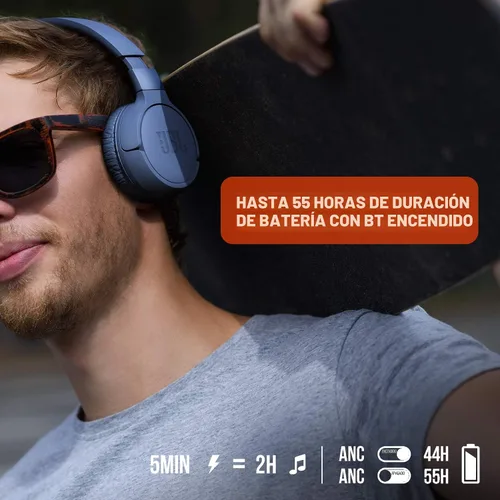 Vista 5 de JBL Tune 660NC inalámbrico con cancelación activa de ruido, batería de hasta 55 horas, micrófono para llamada, plegable y cómodo, compatible con Azul