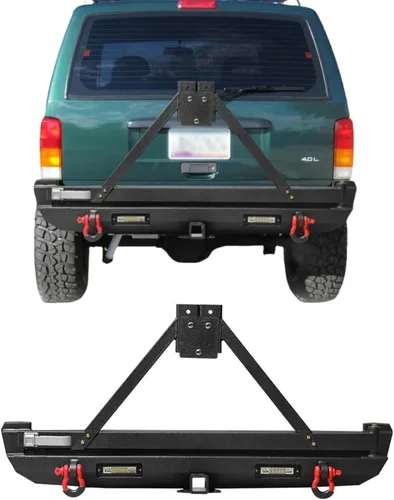 Vista 6 de Parachoques delantero para Cherokee XJ, AAIWA parachoques de acero con barra de luz LED y soporte de placa de cabrestante compatible con Cherokee XJ