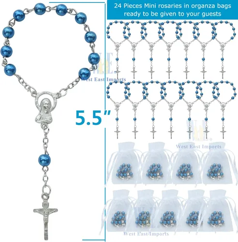 Vista 2 de WE Bautismo Favores Mini Rosarios para niño - (24 unidades) Cuentas Azul Marino con Acentos Plateados - Recuerditos De Bautismo - Rosarios de Dedo