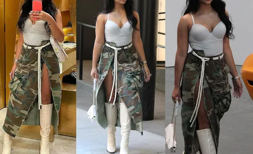 Vista 2 de Fronage Falda larga de camuflaje para mujer, con abertura militar, con botones, acampanada, con bolsillo