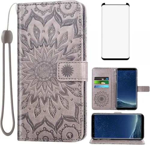 Vista 8 de Funda de teléfono para Samsung Galaxy S8 con protector de pantalla de vidrio templado, funda de cuero con tapa de girasol, soporte para tarjetas
