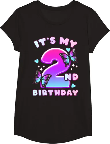 Vista 7 de Camiseta de 2º cumpleaños para niña de 2 años con mariposas y número 2 Negro