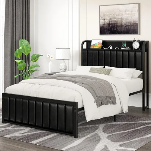 Vista 14 de VECELO Queen Bed Frame, Storage Upholstered Headboard with Charging Station, Platform Bedframe, Heavy Duty Metal Slats, No Box Spring Needed