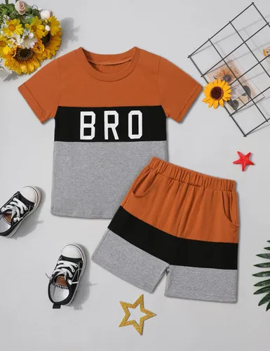 Vista 2 de Ribabz Ropa para niños pequeños, ropa de verano con estampado de letras y pantalones cortos, conjunto de 2 piezas