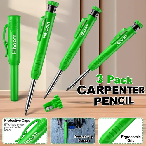 Vista 4 de Hiboom - Paquete de 3 lápices de carpintero con 36 recambios de sacapuntas integrados Concrete Wood Metal, Deep Marking, Multi-Color Refills