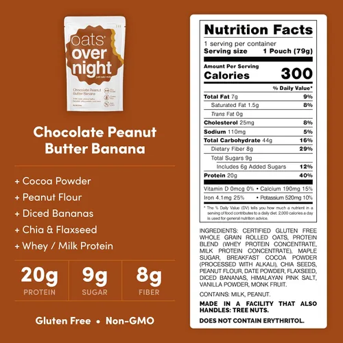 Vista 2 de Oats Overnight Chocolate Peanut Butter Banana - Avena durante la noche con 20 g de proteína, batido proteico de desayuno alto en fibra - Harina