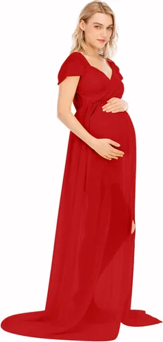 Vista 5 de Maternity Dress for Photography Off Shoulder Chiffon Gown Split Front Maxi Pregnancy Dresses for Photoshoot