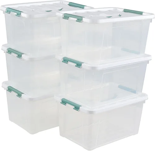 Vista 7 de Paquete de 6 cajas de almacenamiento con pestillo transparente, contenedor de almacenamiento de plástico de 14 L Caja organizadora apilable, sin