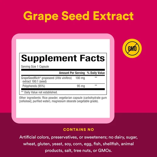 Vista 4 de Natural Factors - GrapeSeedRich Extracto de semilla de uva, soporte antioxidante, 60 cápsulas vegetarianas