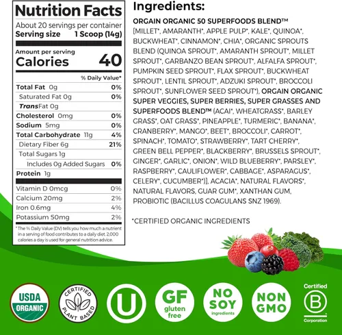 Vista 2 de Superalimentos orgánicos Orgain, 2 sabores, 0.62 libras, 1 unidad