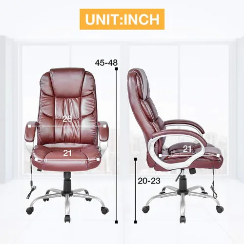 Vista 3 de BestOffice Silla giratoria ergonómica de piel sintética marrón con soporte lumbar, reposabrazos y reposacabezas para uso doméstico u oficina