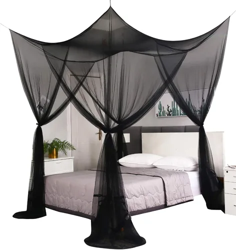 Vista 20 de Mengersi Cortinas de cama con dosel de 4 postes, mosquitero para cama tamaño Twin a Twin XL, cortinas de red para cama para camping, patio, red Negro
