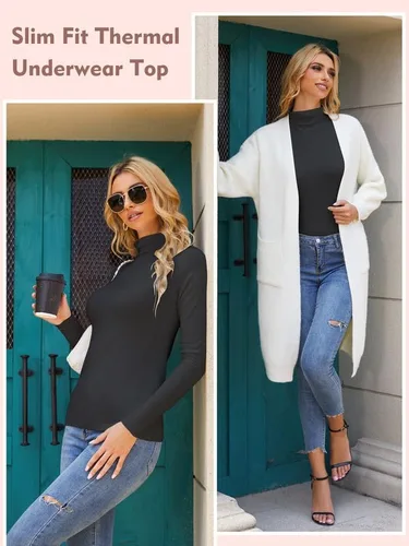 Vista 5 de EXCELLENT THERMAL Camisetas de manga larga con cuello alto falso para mujer, ajuste delgado, capa base suave, ropa interior térmica