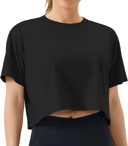 Vista 13 de THE GYM PEOPLE - Camiseta de entrenamiento para mujer, manga corta, básica, recortada, deportiva, de yoga, para correr, estilo boxy Verde militar