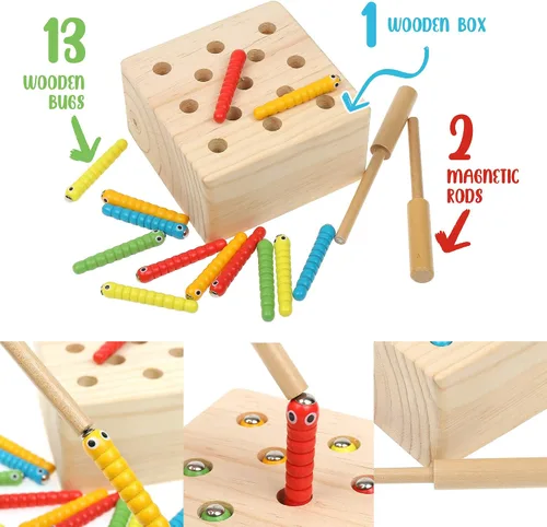 Vista 4 de Boxiki kids Juguetes Montessori de madera para bebés, niños pequeños y niños, habilidades motoras finas, juego de gusano magnético para 3 años