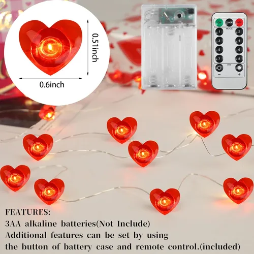 Vista 2 de CCINEE Guirnalda de luces rojas en forma de corazón para el día de San Valentín, funciona con pilas, con control remoto, 10 pies, 40 luces LED