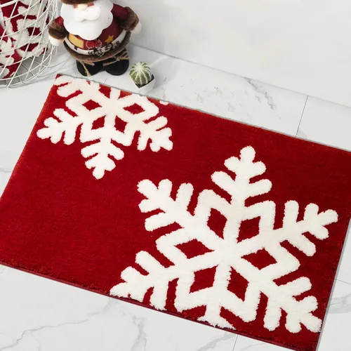 Vista 8 de Alfombra de baño roja para decoración de baño, alfombra de baño roja, antideslizante, nieve blanca, decoración del hogar, alfombra de ducha