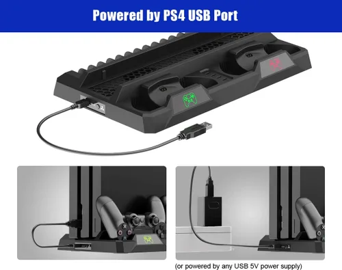 Vista 6 de ElecGear PS4 soporte vertical y estación de carga con ventilador de refrigeración base de carga para Playstation 4 para controlador DualShock 4 kit