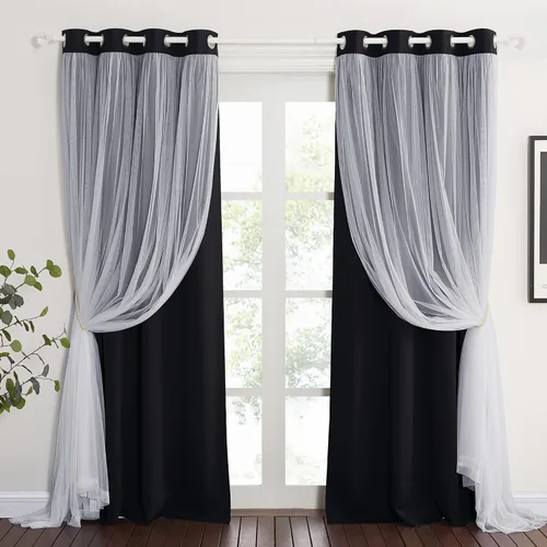 Vista 23 de PONY DANCE Cortinas de Doble Capa - Cortinas Opacas de 63 Pulgadas de Largo, Diseño con Ojales en la Parte Superior, Paneles Transparentes Blancos