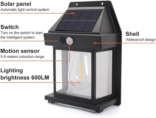 Vista 6 de Luces solares de pared para exteriores, lámpara inalámbrica de porche del atardecer al amanecer, linterna solar de pared con 3 modos y sensor