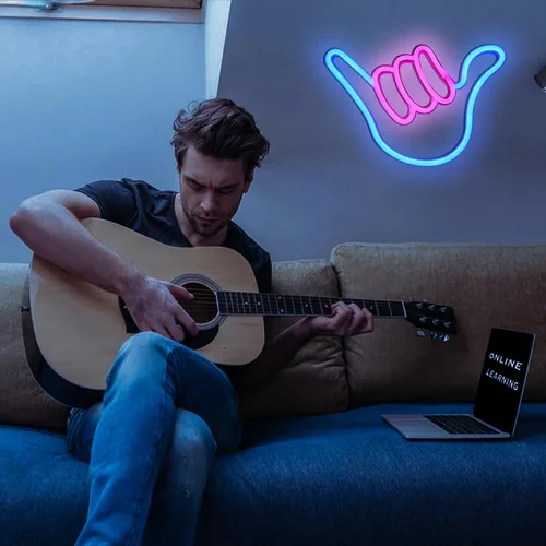 Vista 4 de ENUOLI Shaka Hand - Letreros de neón LED para decoración de pared, lámparas nocturnas alimentadas por USB y baterías, letreros iluminados para Rosa