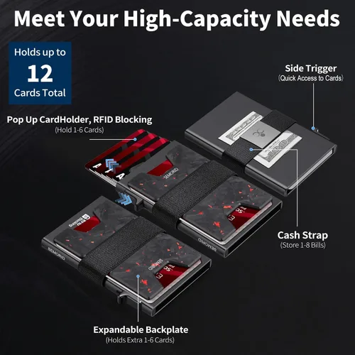 Vista 74 de Cartera delgada de aluminio para hombre, placa trasera expandible duradera, bloqueo RFID, billetera desplegable de metal minimalista, con capacidad