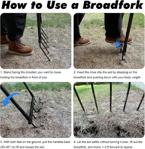 Vista 3 de Broadfork - Herramienta de jardín resistente, tenedor de 5 dientes anchos para jardinería, tenedor de jardín en forma de U para aflojar el suelo
