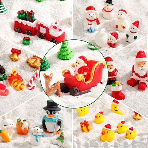 Vista 5 de Qunclay 150 figuras en miniatura de Navidad para manualidades, figuras de Papá Noel, muñeco de nieve, mini campana de paisaje de resina, copo