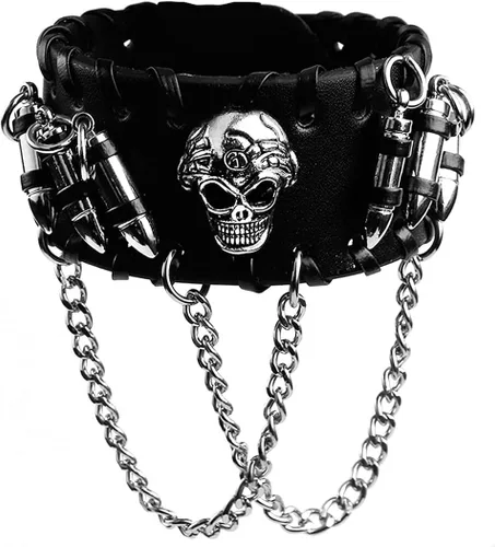 Vista 4 de Eigso Pulsera de cuero sintético negro con calavera para hombre y mujer, pulsera ajustable