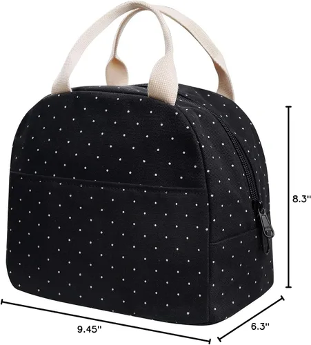 Vista 8 de EurCross Bolsa de almuerzo negra compacta mejorada para niñas y mujeres, de lona, reutilizable, aislada, con lunares, bolsa de almuerzo