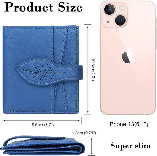 Vista 4 de CONISY Cartera pequeña para mujer, con bloqueo RFID, de piel, plegable, con bolsillo frontal, con cremallera (azul)