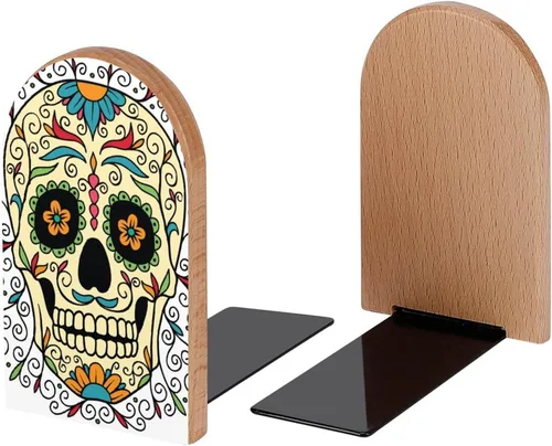 Vista 2 de Sujetalibros decorativos de madera con diseño de calavera de azúcar mexicana para estantes, habitación de los niños, escritorio, oficina en casa