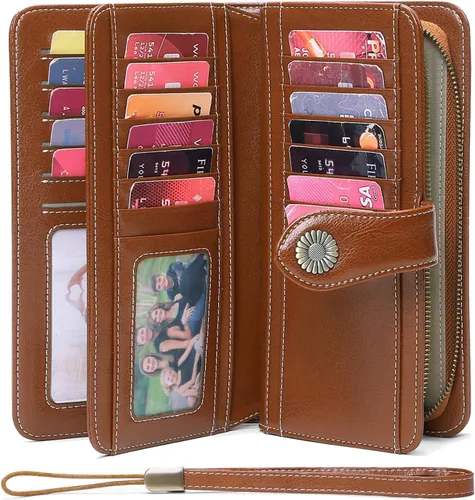 Vista 2 de FALAN MULE Cartera de cuero para mujer, de gran capacidad, bifold, con bloqueo RFID, tarjetero con bolsillo para monedas con cremallera