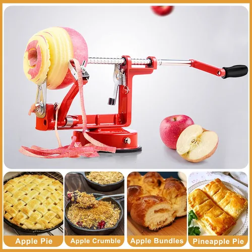 Vista 6 de Pelador Rebanador Descorazonador de Manzanas con Cuchillas de Acero Inoxidable y Potente Base de Succión para Manzanas, Peras, Papas (Rojo)