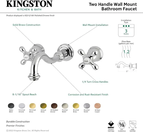 Vista 3 de Kingston Brass KS3123AX - Grifo de baño de montaje en pared central de 8 pulgadas, latón antiguo