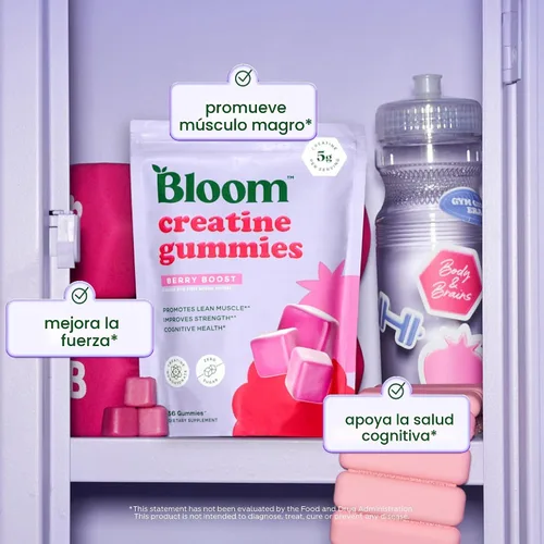 Vista 4 de Gomitas de monohidrato de creatina Bloom, 5g por porción, gomita de creatina sin azúcar para entrenamiento, fuerza, salud cognitiva y apoyo muscular