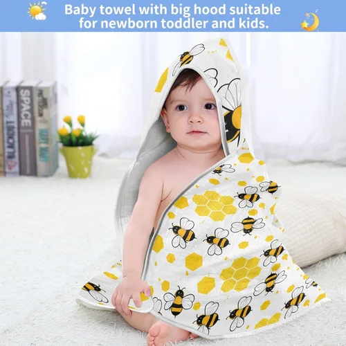 Vista 6 de Honey Bees - Toalla de baño para niños y niñas, color amarillo, abejorro, colmena, con capucha, toallas para recién nacidos, de algodón orgánico