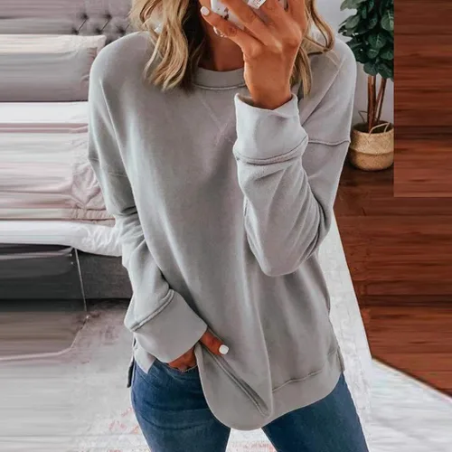 Vista 2 de Ceboyel Sudadera de cuello redondo para mujer, diseño a rayas, con bloques de color, manga larga, sin botones, ropa de moda de otoño