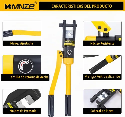 Vista 3 de Alicates de crimpado hidráulico de 16 toneladas de 6 AWG a 600 MCM Kit de herramientas de prensado hidráulico de mano con terminal de cable