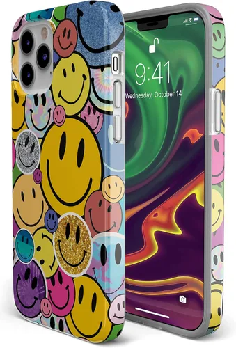 Vista 5 de Casely Funda para iPhone 12/12 Pro Todas las Sonrisas Adhesivo de Cara Sonriente Diseño Clásico Ultra Delgado